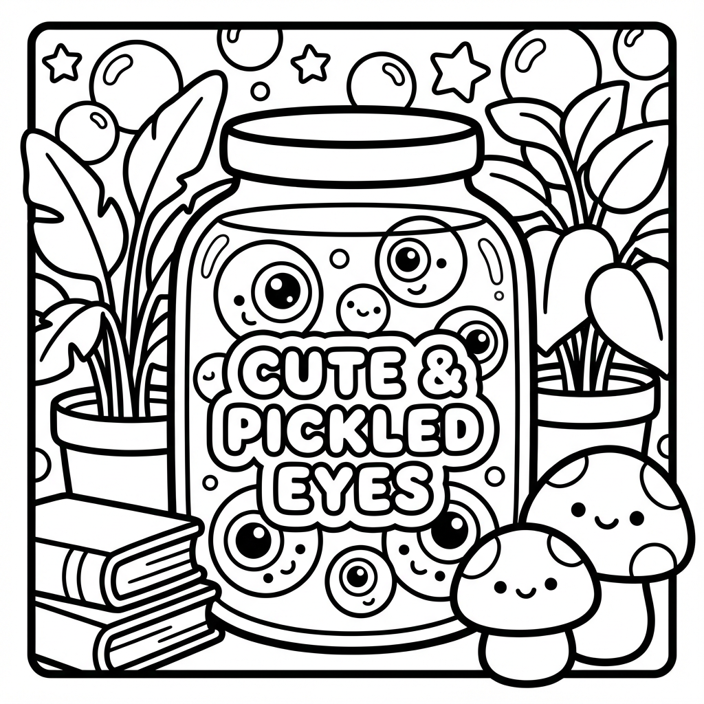 Cute pickled eyes jar with mushrooms, a quirky bold line coloring pages scene.